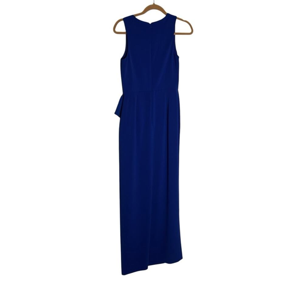Mikael Aghal Royal Blue High Neck Sleeveless Ruffle Waist Slit Leg Maxi Dress 2